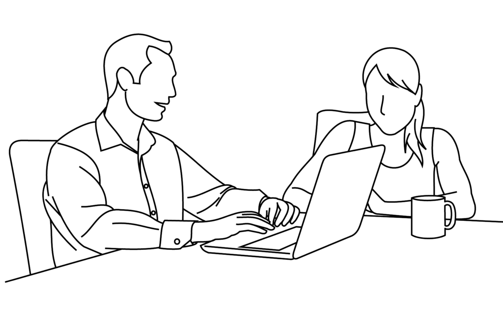 Skizze von zwei Personen bei der Küchenberatung am Laptop – individuelle Planung, persönliche Beratung und 3D-Visualisierung der neuen Küche.