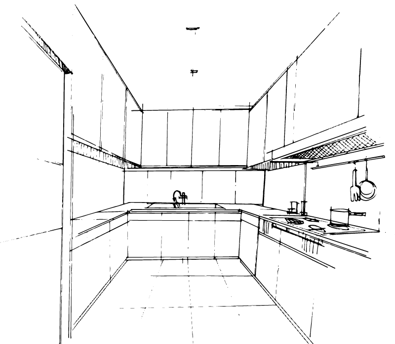 3D-Skizze einer Küche – visualisiert präzise Montage, Einbau durch erfahrene Tischler und schlüsselfertige Übergabe der Traumküche.